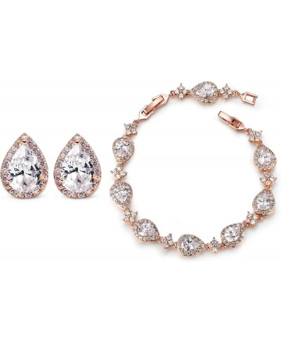Teardrop CZ Wedding Earrings and Necklace for Brides Rose Gold $35.52 Jewelry Sets