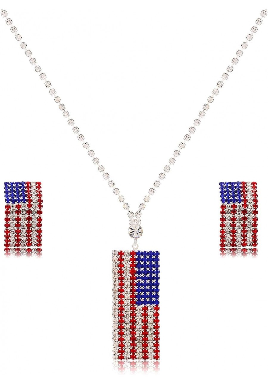 American Flag Necklace Earrings Set Charm Rhinestone USA Flag Pendnat Neckalce Stars Stripes Stud Earrings For Woman Girls $1...