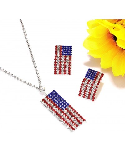 American Flag Necklace Earrings Set Charm Rhinestone USA Flag Pendnat Neckalce Stars Stripes Stud Earrings For Woman Girls $1...