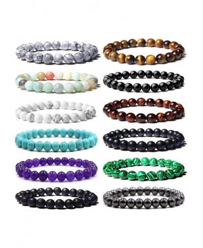 12PCS 8mm Semi-Precious Gemstone Bracelet Set Healing Crystal Stone Stretch Bracelets for Men Women Round Beaded Elastic Brac...