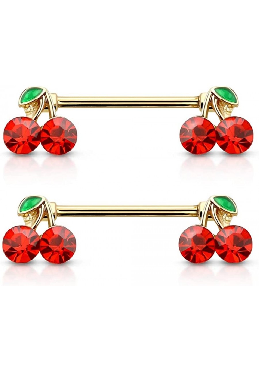 14GA Golden Lucky Double CZ Cherry Ends 316L Surgical Stainless Steel Barbell Nipple Rings Sold as a Pair $17.37 Piercing Jew...