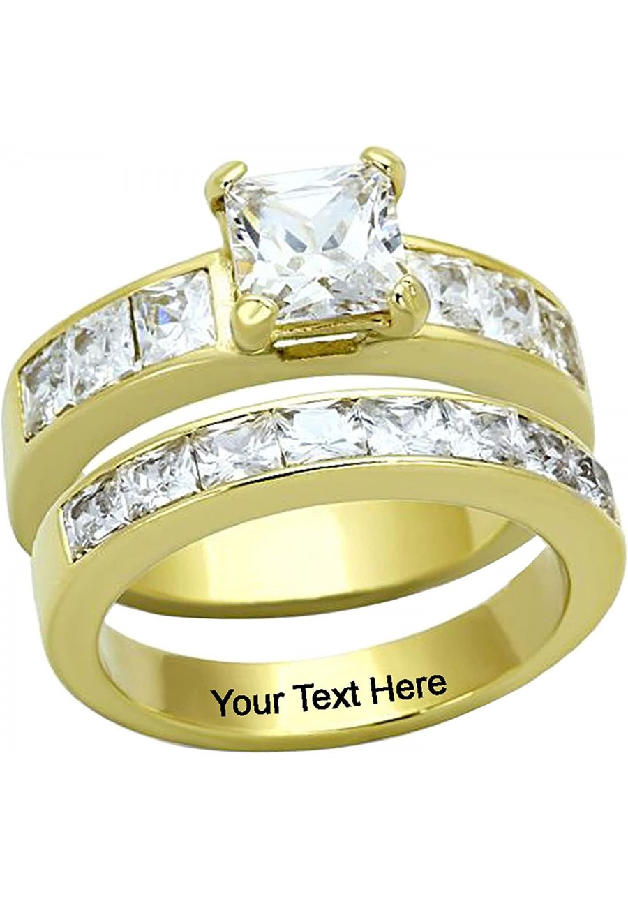 Gold-Plated Stainless Steel Princess Cubic Zirconia Wedding Ring Set Women Size 5-10 $20.97 Wedding Bands