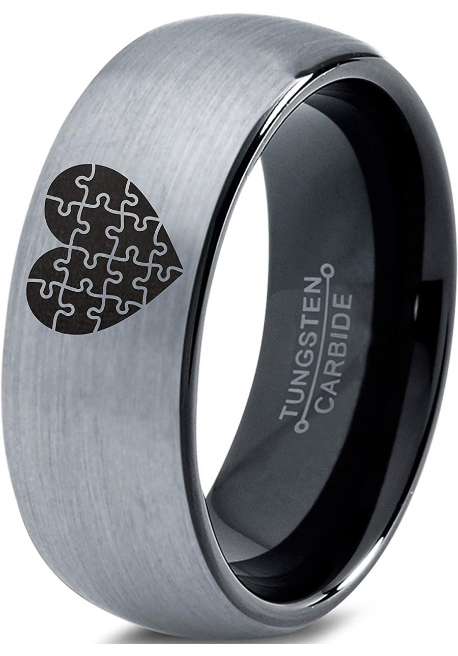 Puzzle Heart Autism Awareness Ring - Tungsten Band 8mm - Men - Women - 18k Rose Gold Step Bevel Edge - Yellow - Grey - Blue -...