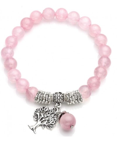 Stretch Rose Quartz Tree of Life Lucky Stone Bracelet Reiki Healing Crystal Gemstone Dangle Charms Pendant Birthstone Bracele...
