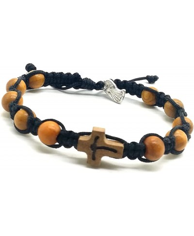Rosary Bracelet With Olive Wood Beads Cross Charm On Adjustable Cord $17.22 Strand