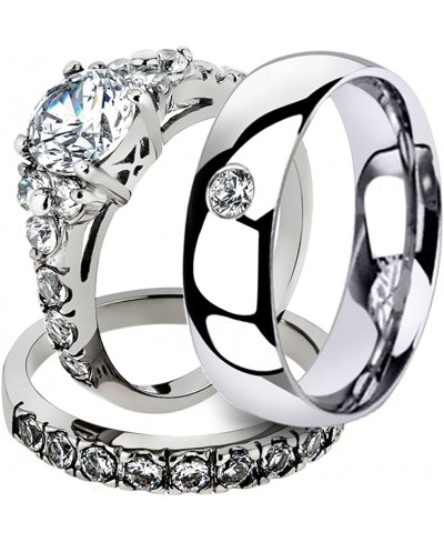 His & Her 3 Pc Stainless Steel 2.50 Ct Cz Bridal Set & Men Zirconia Wedding Band $33.34 Bridal Sets