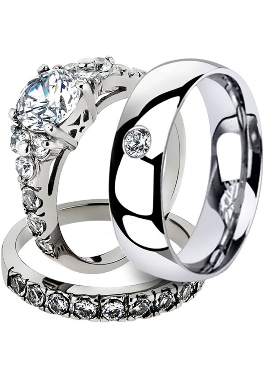 His & Her 3 Pc Stainless Steel 2.50 Ct Cz Bridal Set & Men Zirconia Wedding Band $33.34 Bridal Sets