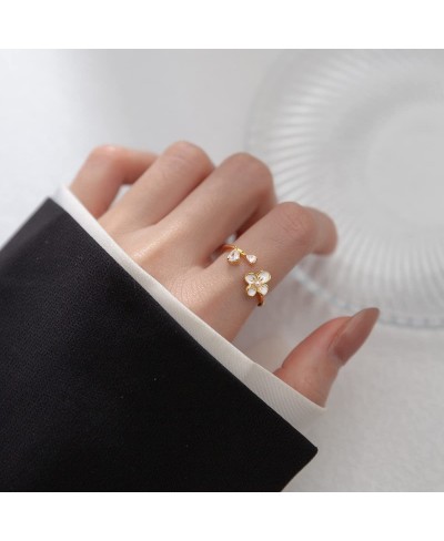 Yellow Gold Plated Flower Sterling Silver 925 Open Statement Rings for Women Girls Dainty CZ Crystal Pearl Tail Finger Band E...