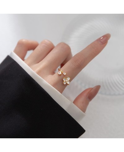 Yellow Gold Plated Flower Sterling Silver 925 Open Statement Rings for Women Girls Dainty CZ Crystal Pearl Tail Finger Band E...