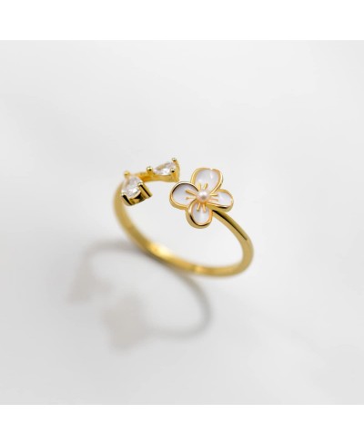 Yellow Gold Plated Flower Sterling Silver 925 Open Statement Rings for Women Girls Dainty CZ Crystal Pearl Tail Finger Band E...