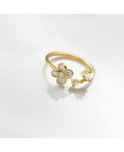 Yellow Gold Plated Flower Sterling Silver 925 Open Statement Rings for Women Girls Dainty CZ Crystal Pearl Tail Finger Band E...