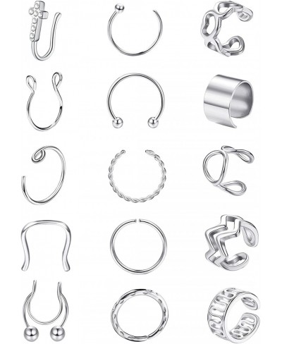 CASSIECS 15Pcs Fake Nose Rings Stainless Steel Faux Lip Ear Nose Septum Ring Ear Cuff Earrings Non Piercing Clip On Nose Hoop...