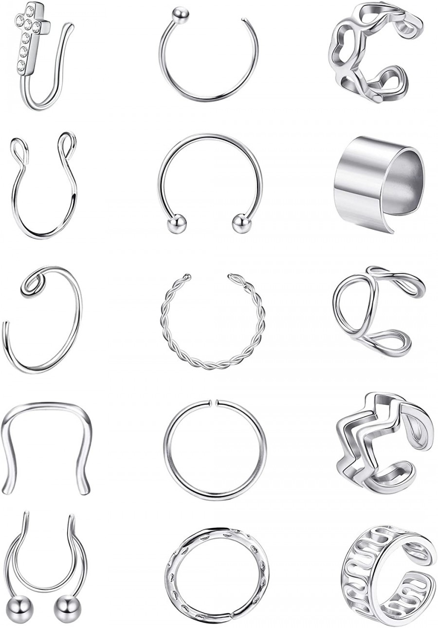 CASSIECS 15Pcs Fake Nose Rings Stainless Steel Faux Lip Ear Nose Septum Ring Ear Cuff Earrings Non Piercing Clip On Nose Hoop...