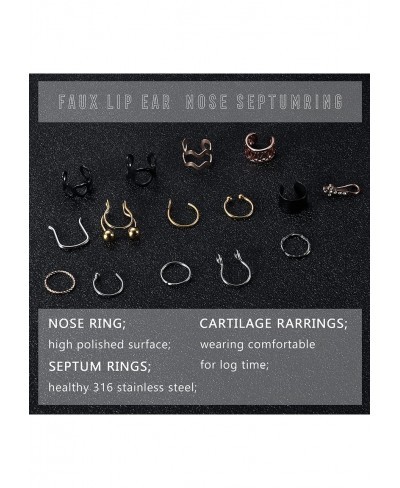 CASSIECS 15Pcs Fake Nose Rings Stainless Steel Faux Lip Ear Nose Septum Ring Ear Cuff Earrings Non Piercing Clip On Nose Hoop...