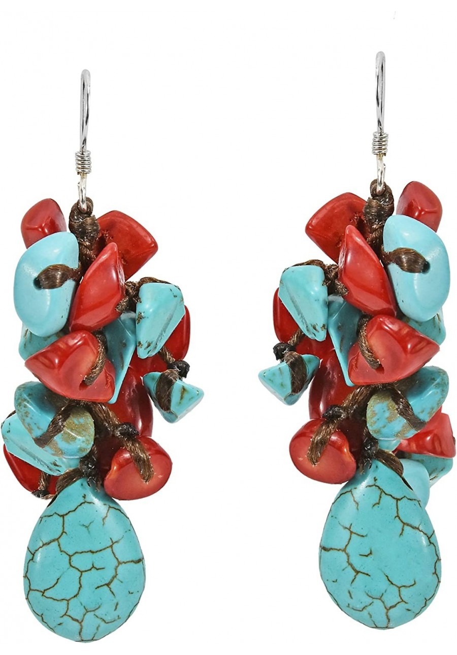 Teardrop Simulated Turquoise & Reconstructed Red Coral .925 Sterling Silver Dangle Earrings $10.69 Drop & Dangle