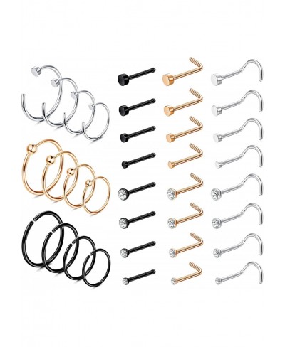 27-36pcs 20G Nose Studs Stainless Steel Nose Rings Hoop L Bone Screw Shape Nose Rings Studs CZ C Shape Nose Hoops Body Pierci...