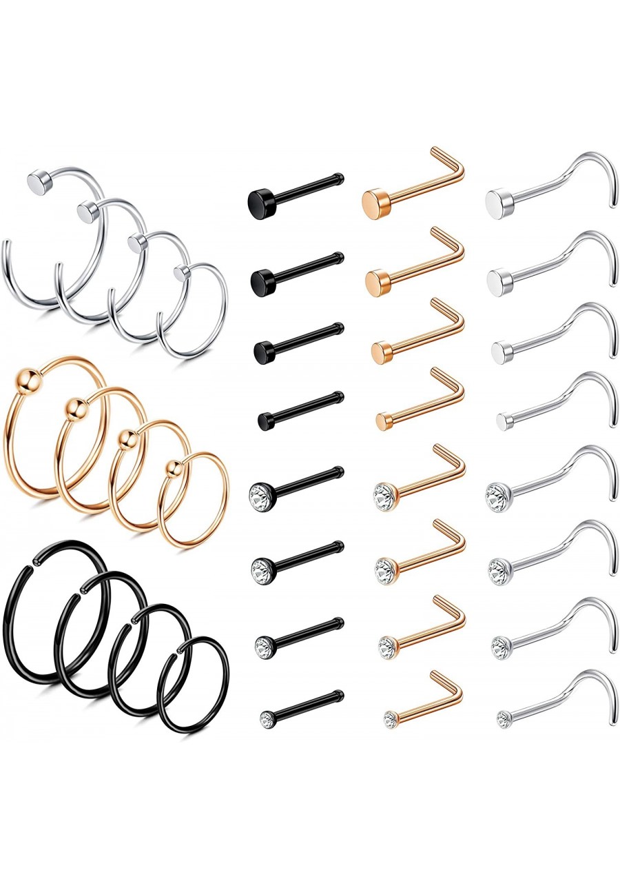 27-36pcs 20G Nose Studs Stainless Steel Nose Rings Hoop L Bone Screw Shape Nose Rings Studs CZ C Shape Nose Hoops Body Pierci...