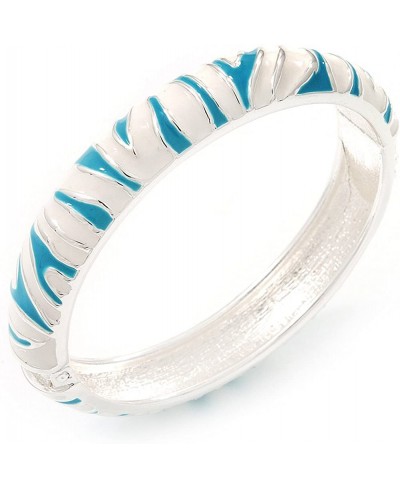 Aqua Blue/White Zebra Pattern Hinged Bangle Bracelet in Rhodium Plated Metal - 18cm Length $20.48 Bangle