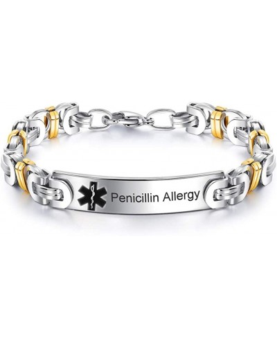 Personalized Custom Stainless Steel Medical Alert Allergy Awareness Byzantine Bracelet for Women Men Disease Identification I...