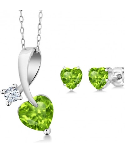 925 Sterling Silver Heart Shape Green Peridot Pendant Earrings Set For Women (2.31 Cttw Gemstone Birthstone with 18 Inch Silv...