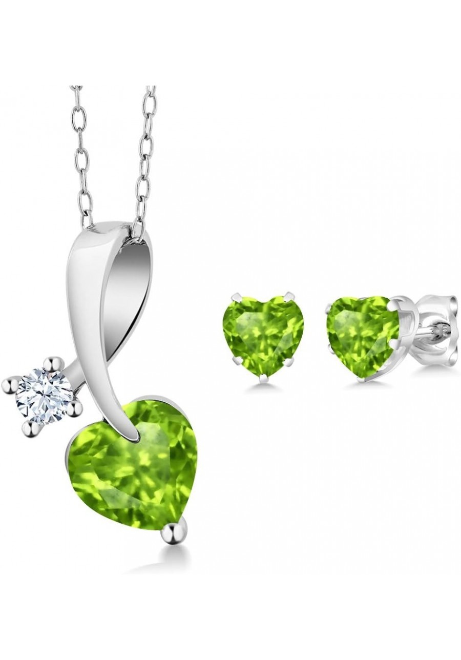 925 Sterling Silver Heart Shape Green Peridot Pendant Earrings Set For Women (2.31 Cttw Gemstone Birthstone with 18 Inch Silv...