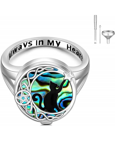 Black Cat Cremation Ring Pet Urn Rings for Ashes for Women Girls Sterling Silver Remembrance Celtic Moon Abalone Keepsake Mem...