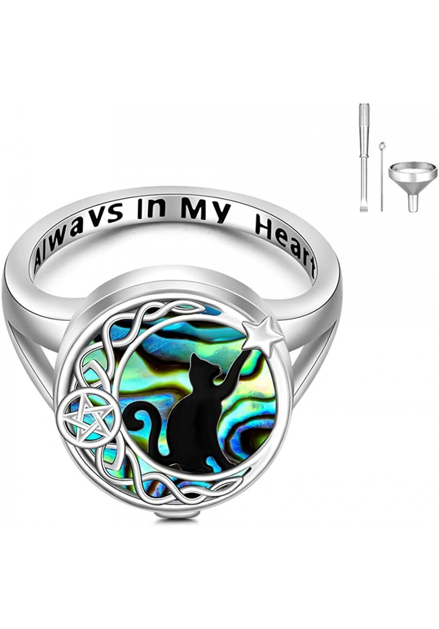 Black Cat Cremation Ring Pet Urn Rings for Ashes for Women Girls Sterling Silver Remembrance Celtic Moon Abalone Keepsake Mem...