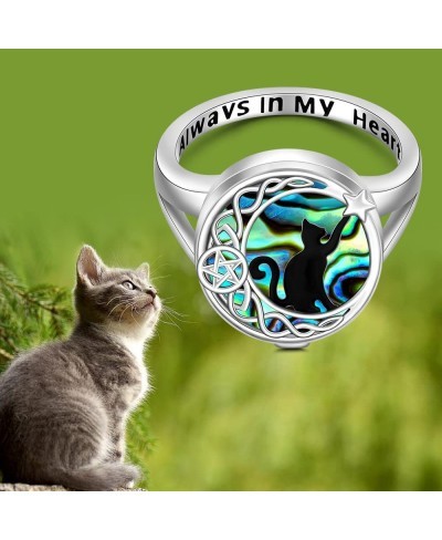 Black Cat Cremation Ring Pet Urn Rings for Ashes for Women Girls Sterling Silver Remembrance Celtic Moon Abalone Keepsake Mem...