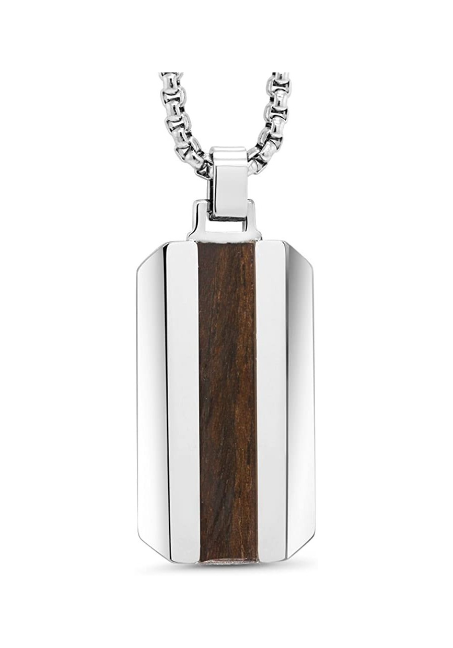 DOG TAG NECKLACE - Tungsten with Walnut Veneer Inlay on 3mm Stainless Steel Box Chain $31.17 Pendants & Coins