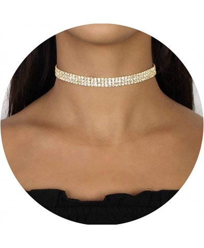 3 Rows Adjustable White Rhinestone Plated Gold Choker Necklace for Women $8.84 Chokers