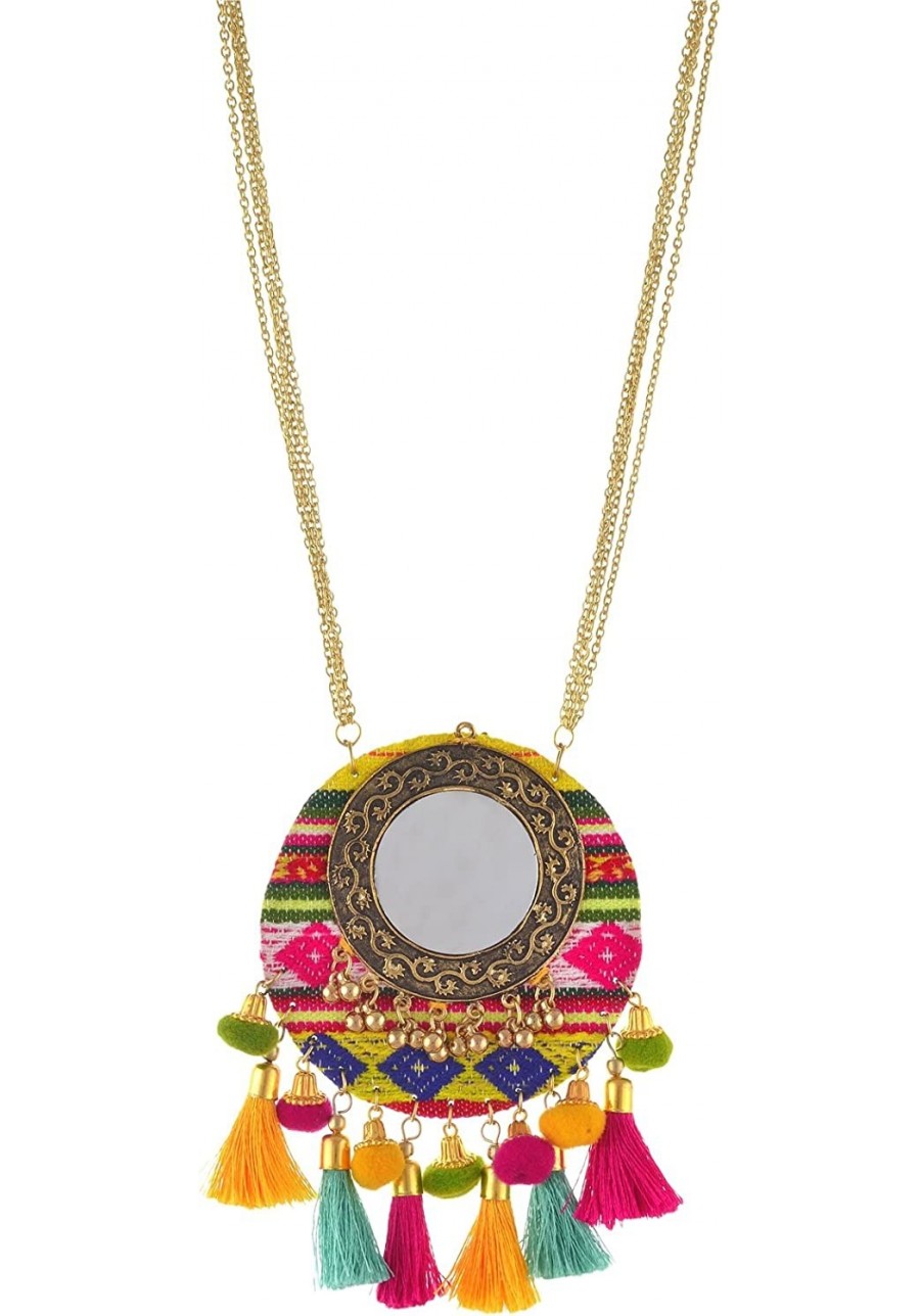 Jewellery Round Pendant Necklace with Mirrors Tassels Pompoms $39.72 Pendants & Coins