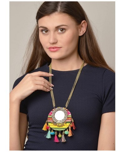 Jewellery Round Pendant Necklace with Mirrors Tassels Pompoms $39.72 Pendants & Coins