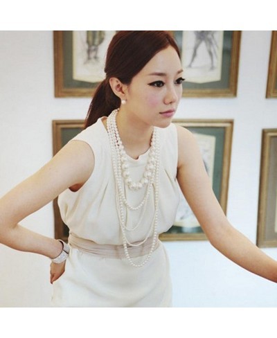 Women Long Multi Layer String Faux Pearls Beads Strand Necklace White Beaded $15.12 Pearl Strands