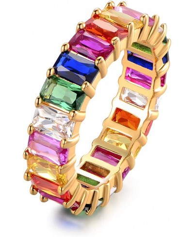 Eternity Rainbow Ring Wedding Band for Women 18K Gold Plated Emerald-Cut Rainbow Multi Color Created-Gemstone Eternity Ring $...