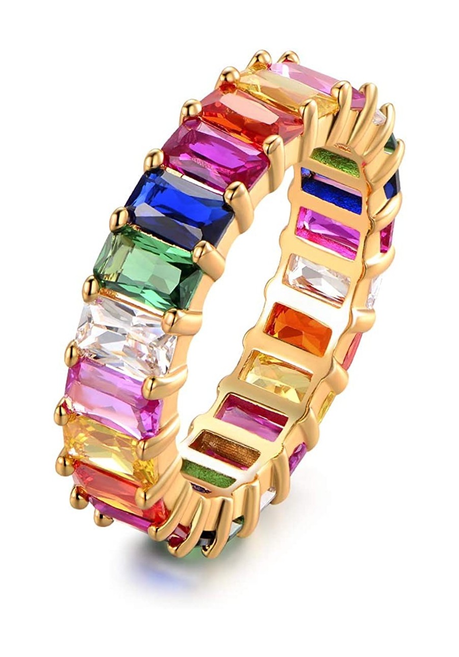 Eternity Rainbow Ring Wedding Band for Women 18K Gold Plated Emerald-Cut Rainbow Multi Color Created-Gemstone Eternity Ring $...