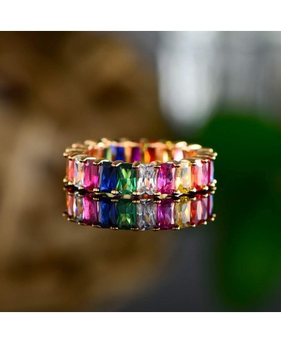 Eternity Rainbow Ring Wedding Band for Women 18K Gold Plated Emerald-Cut Rainbow Multi Color Created-Gemstone Eternity Ring $...