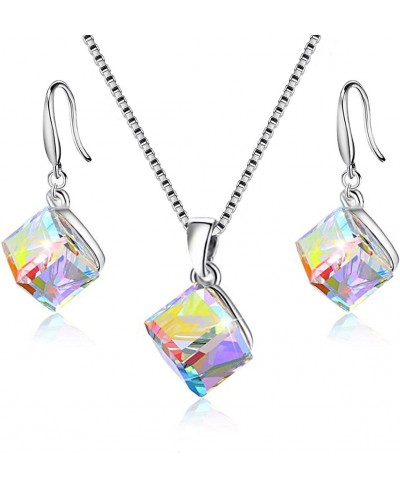 Girl's Square Cube Authentic Austrian Crystal Hook Earrings and Rainbow Necklace Sets for Women - 925 Sterling Silver Wedding...