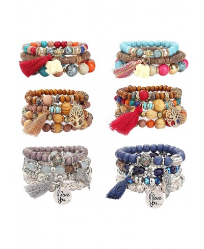 6 Sets Bohemian Wood Beaded Bracelets Set for Women Multilayer Stretch Tassel Bracelets Set Elephant Charm Love Statement Ban...