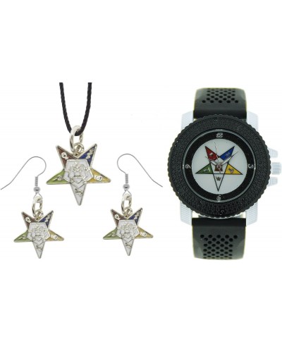 3 Piece Jewelry Set - Order of The Eastern Star Pendant Hook Earrings & Order of The Eastern Star Watch. Black Silicone Band ...