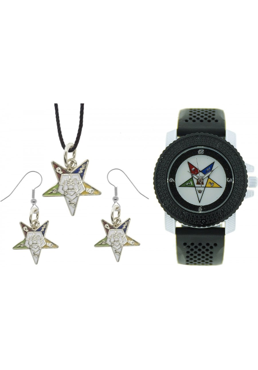 3 Piece Jewelry Set - Order of The Eastern Star Pendant Hook Earrings & Order of The Eastern Star Watch. Black Silicone Band ...