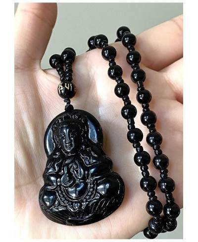 Real Laughing Buddha Black Jade Stabilized Turquoise Bodhisattva Amulet Talisman Pendant 24" Bead Necklace Carved Long Large ...