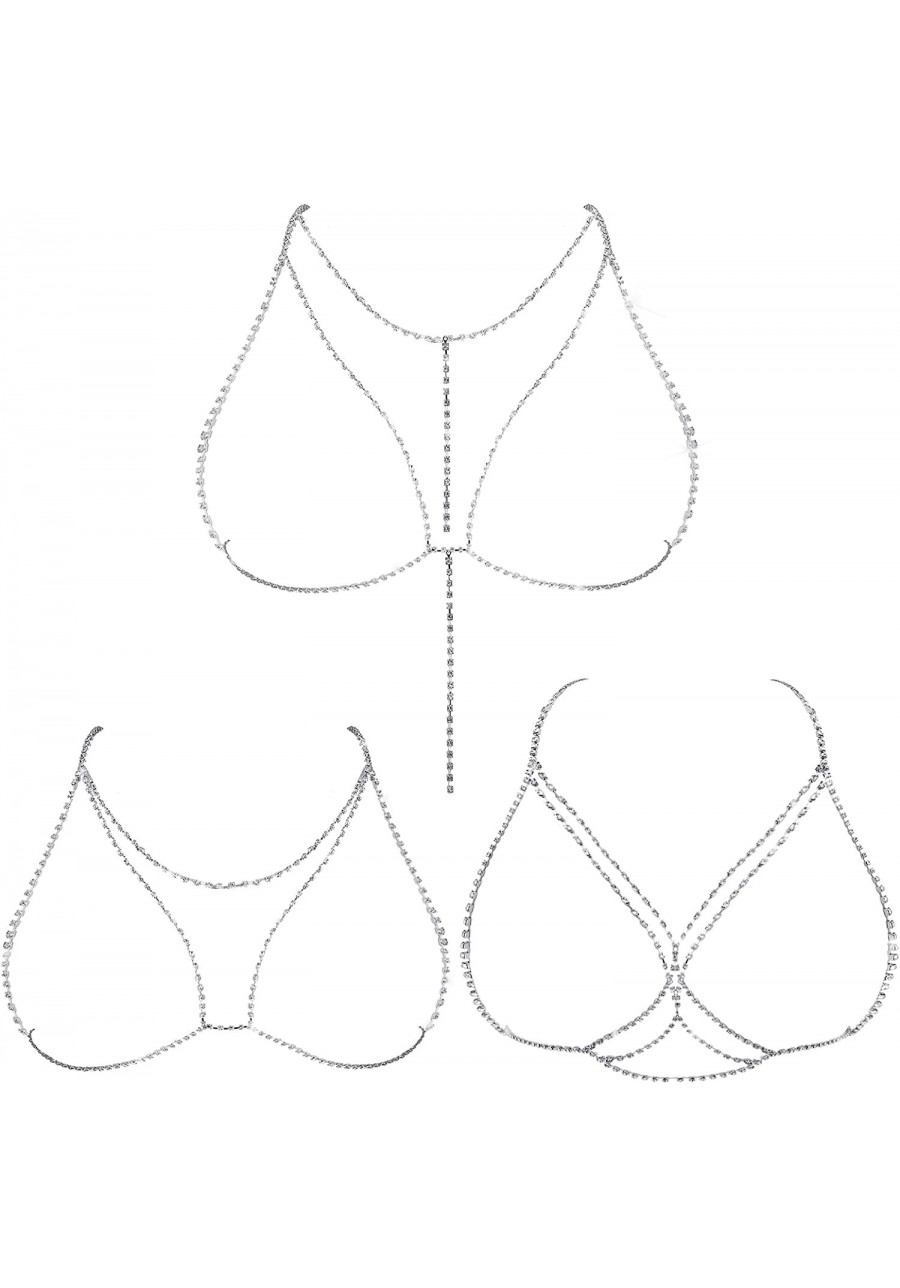 3 Pieces Crystal Body Chain Rhinestone Bra Chain Bling Chest Bracket Bra Chain Silver Bikini Chains Cross Bra Chain Body Jewe...