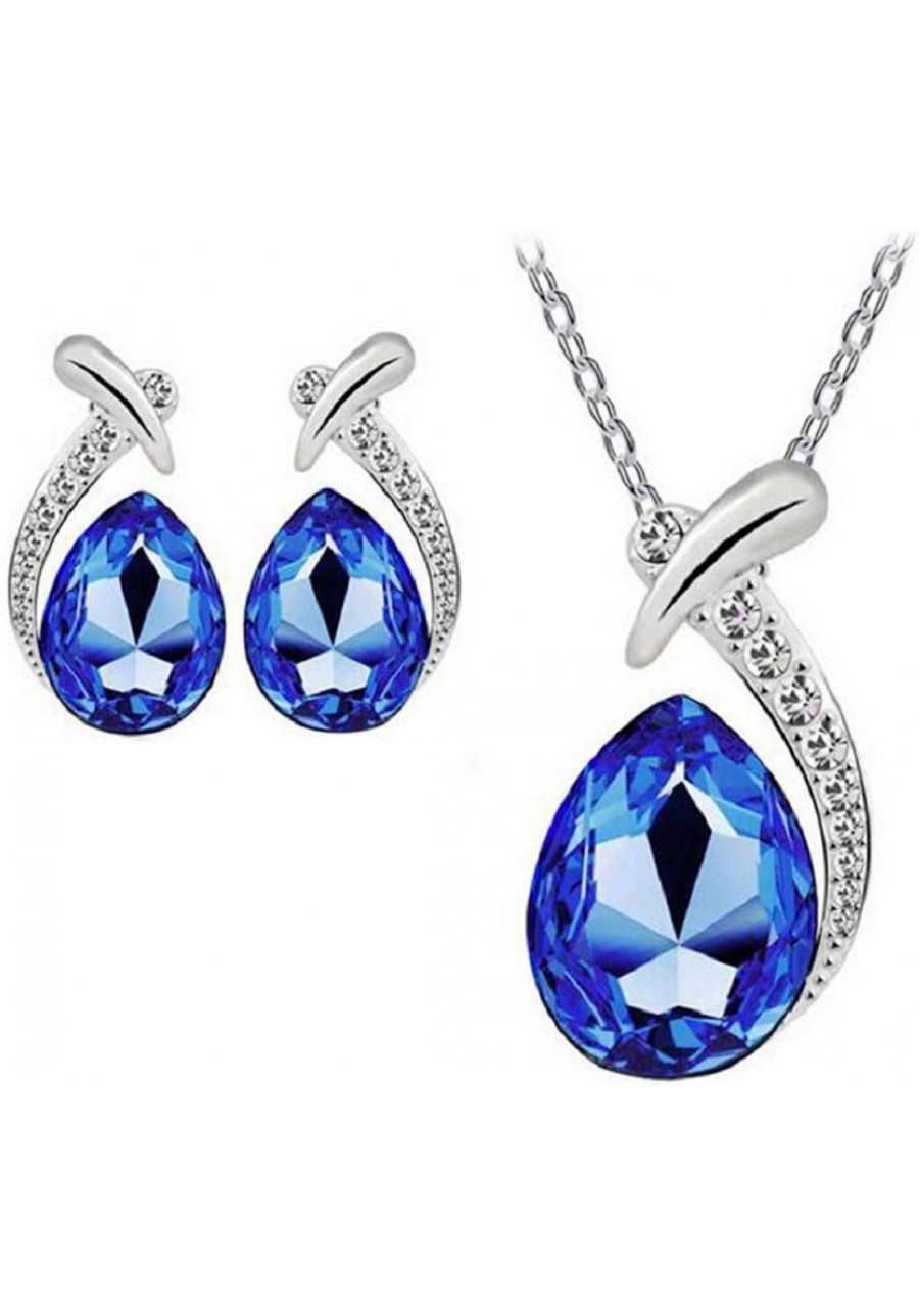 Women's Shiny Crystal Rhinestone Silver Plated Pendent Chain Necklace Stud Earring Costume Fashion Jewelry Set (Royal Blue) $...