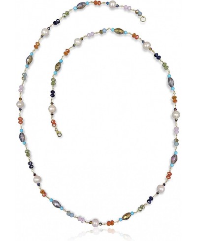 Cultured Freshwater Pearl and Multi Color Multi Shape Crystal Wire Wrapping Beaded Chain Long Station Necklace about 38" Inch...