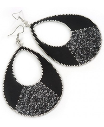Large Black Enamel With Glitter Oval Hoop Earrings In Silver Tone - 90mm L $15.21 Hoop
