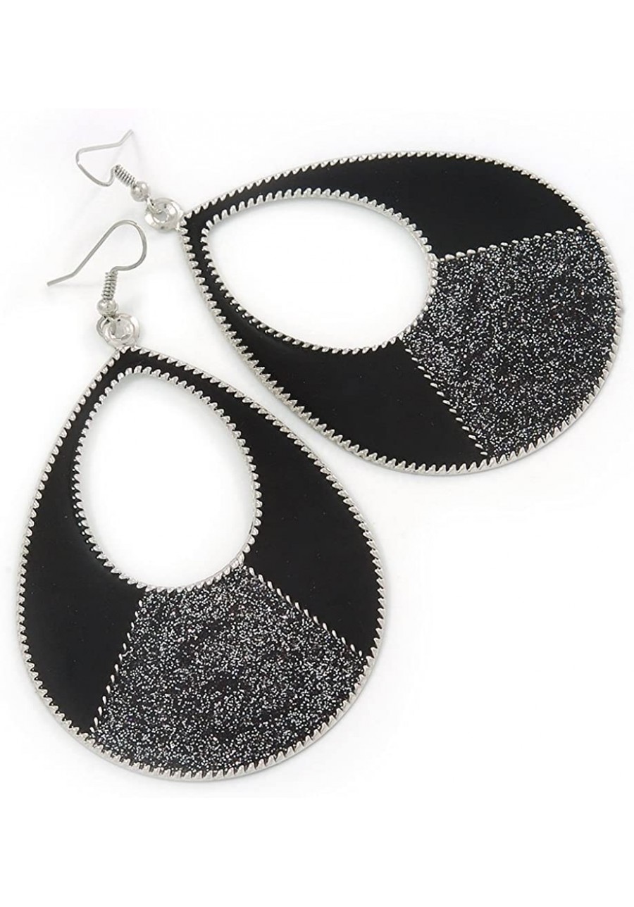 Large Black Enamel With Glitter Oval Hoop Earrings In Silver Tone - 90mm L $15.21 Hoop