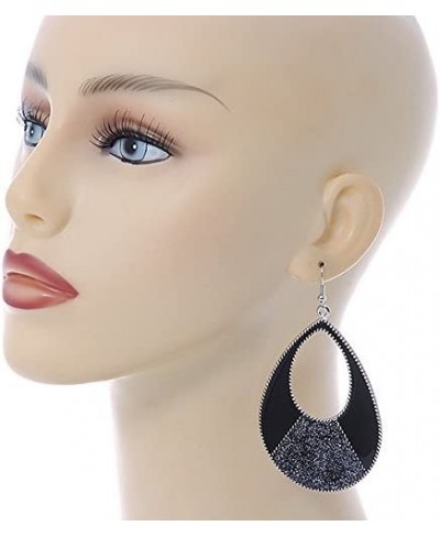 Large Black Enamel With Glitter Oval Hoop Earrings In Silver Tone - 90mm L $15.21 Hoop