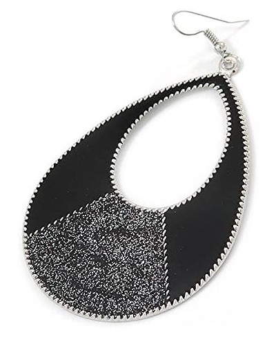 Large Black Enamel With Glitter Oval Hoop Earrings In Silver Tone - 90mm L $15.21 Hoop