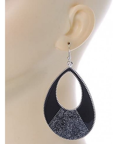 Large Black Enamel With Glitter Oval Hoop Earrings In Silver Tone - 90mm L $15.21 Hoop