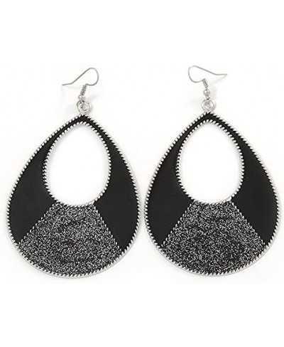 Large Black Enamel With Glitter Oval Hoop Earrings In Silver Tone - 90mm L $15.21 Hoop